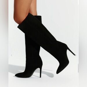 Black Suede Knee High Heeled Boots